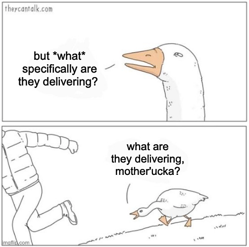 That meme with a goose chasing a dude in a puffer jacket. The goose says "but *what* specifically are they delivering? What are they delivering, mother'ucka?"