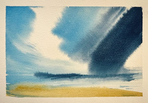 An abstract watercolour painting that could be of a beach, one day in the brighter future